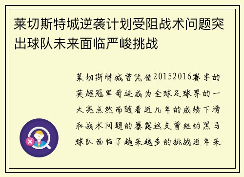 莱切斯特城逆袭计划受阻战术问题突出球队未来面临严峻挑战